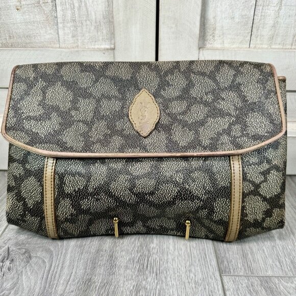 YSL Yves Saint Laurent Vintage Giraffe Print Leather Clutch Pouch Brown/Gray/Tan - Picture 1 of 16